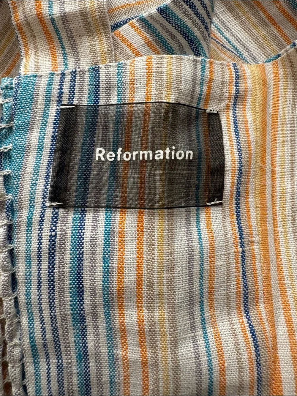 Reformation Island Linen Striped Shorts Romper in Marbella Orange & Blue